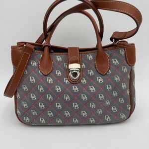 Dooney & Bourke Monogram Denim Satchel Handbag Blue Red Diamond Stitch Leather